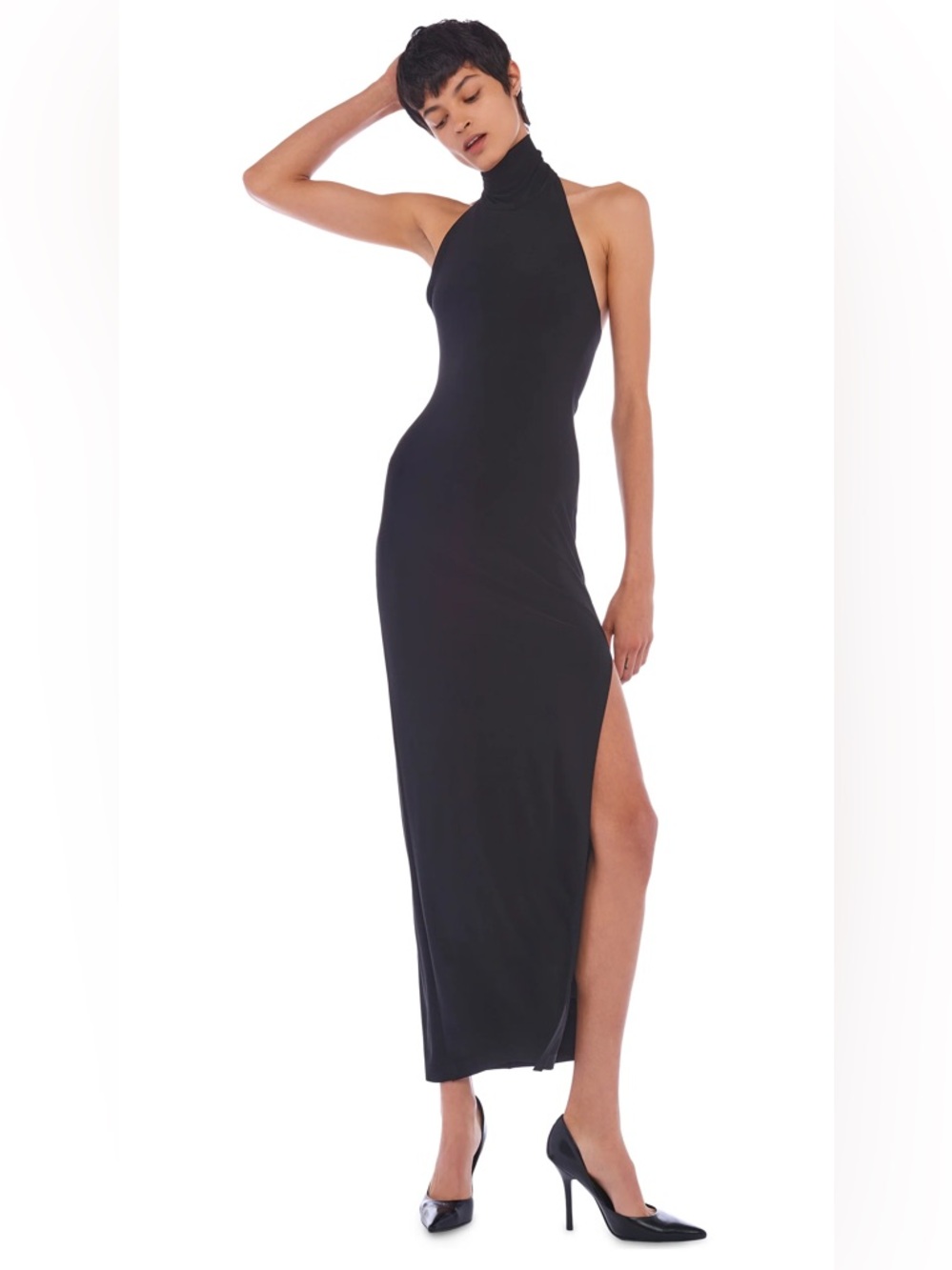 Norma Kamali Halter Turtle Side Slit Gown